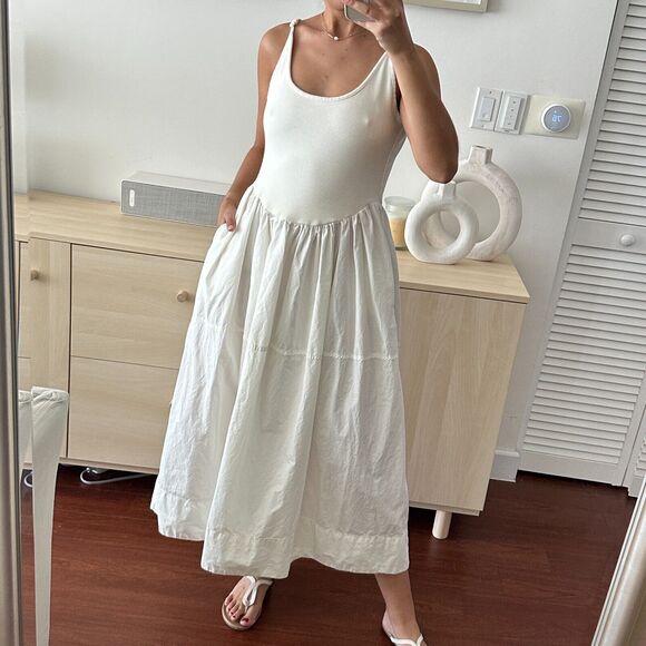 Free People Dylan Midi Dress Womens Medium Boho Poplin Knit Open Back Peasant - Picture 3 of 13